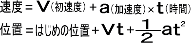 速度=V+a*t ／ 位置=はじめの位置+V*t+(a*t^2)/2