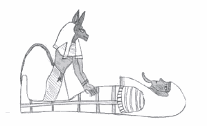 アヌビス神とミイラを描きました。