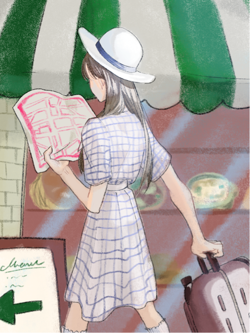 外国の道を歩いている絵