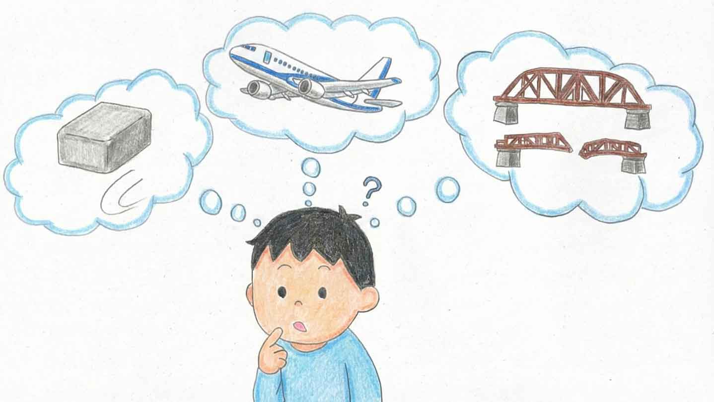 日常から考える「なぜ氷は滑るのか」、「なぜ飛行機は飛ぶのか」、「なぜ橋は折れないのか」を表した図。