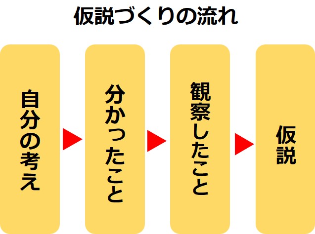 仮説づくりの思考の流れを示す図。『観察したこと』『分かったこと』『だから〇〇すると…』『△△の結果になるはず！』という4つのステップで、根拠のある予想を構築する方法。